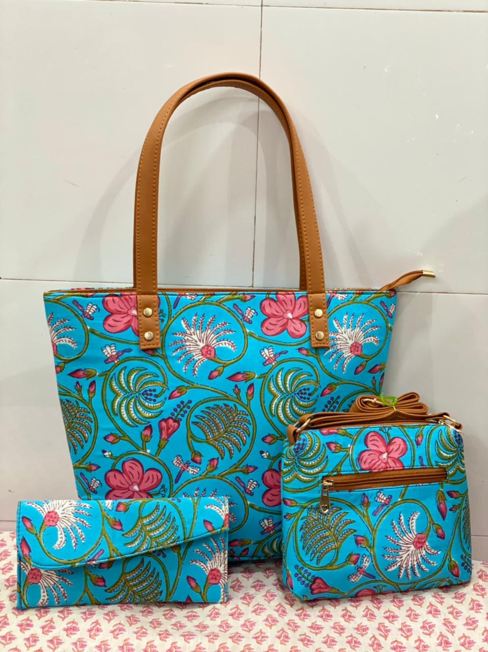 cotton fabric on faux leather bags